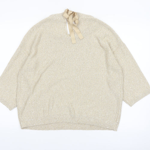 Marella Sport Women’s Beige Sequin Knit 3/4 Sleeve Pullover Jumper L