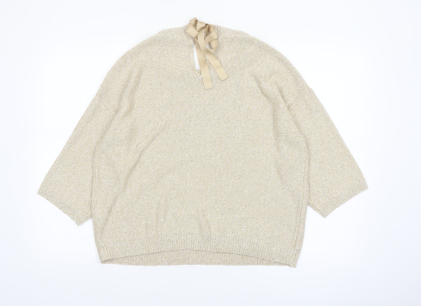 Marella Sport Women’s Beige Sequin Knit 3/4 Sleeve Pullover Jumper L