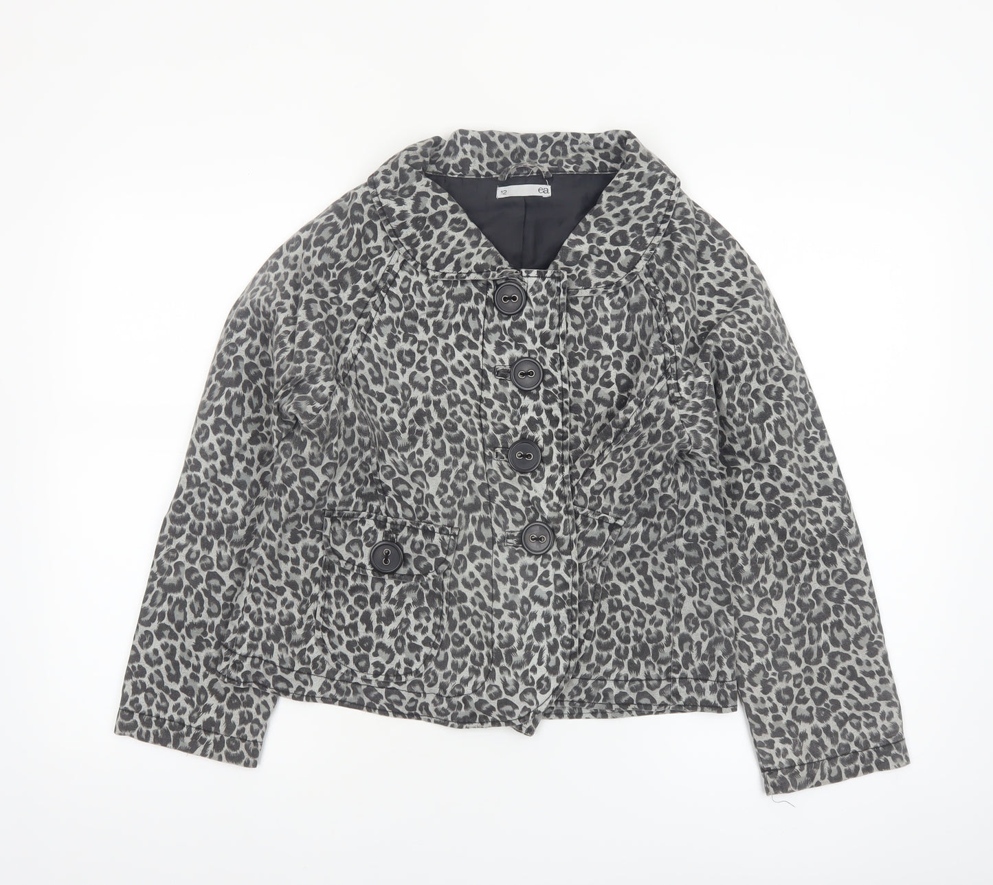 ea Womens Grey Leopard Print Cotton Blend Short Jacket Size 12