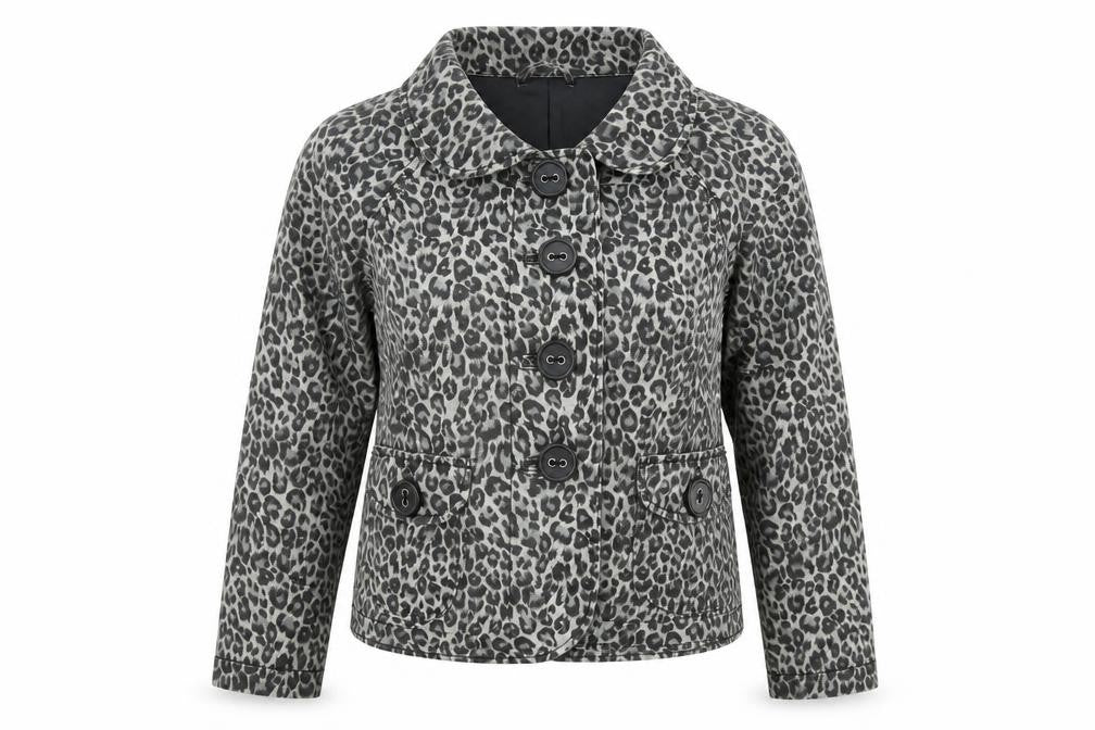 Front view of ea women’s grey leopard print cotton blend short jacket, size UK 12