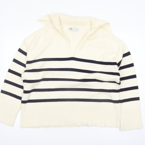 Zara Womens Ivory Striped Collared Knit Jumper Size 14