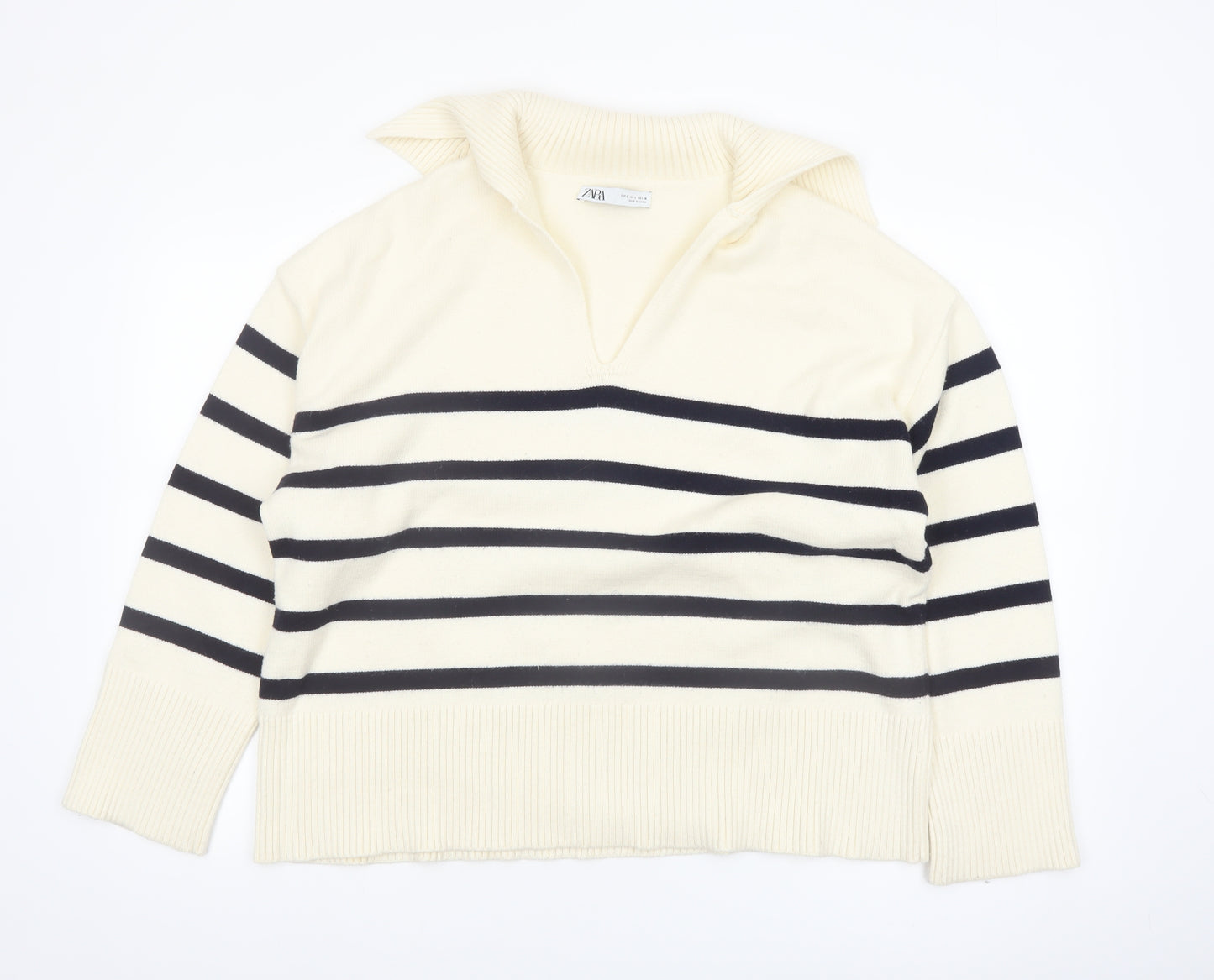 Zara Womens Ivory Striped Collared Knit Jumper Size 14