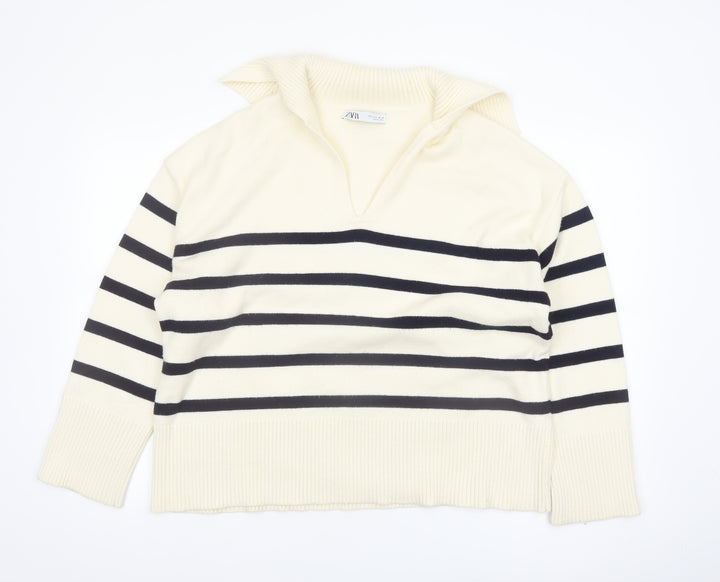 Zara Womens Ivory Striped Collared Knit Jumper Size 14
