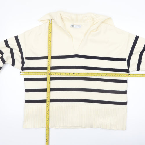Zara Womens Ivory Striped Collared Knit Jumper Size 14