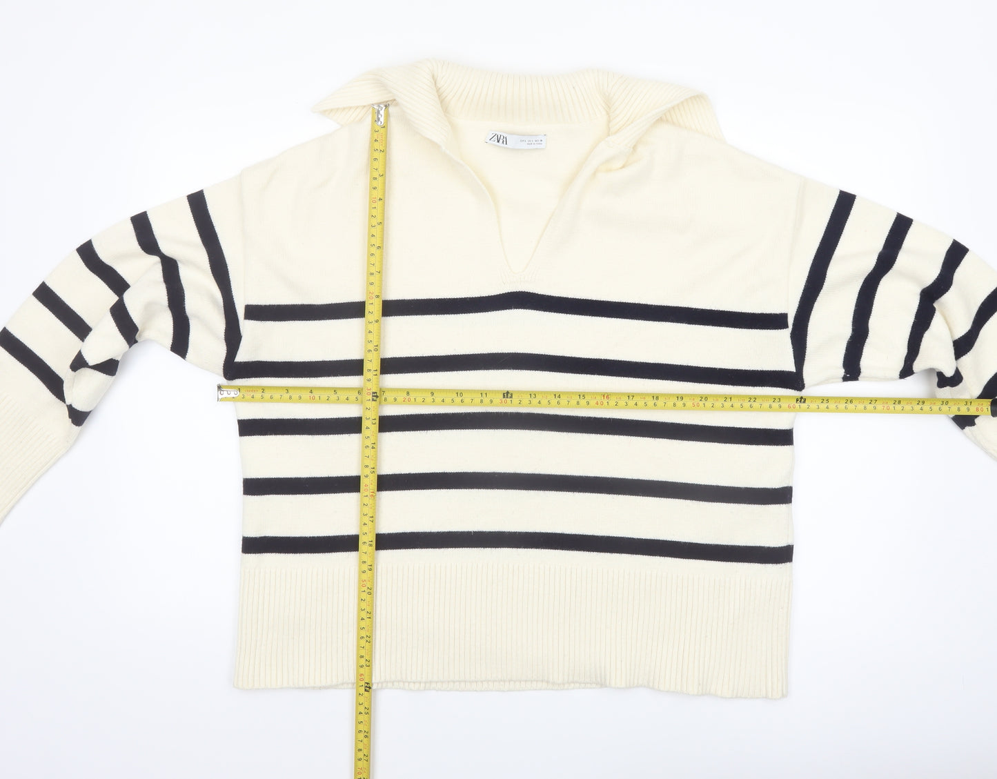 Zara Womens Ivory Striped Collared Knit Jumper Size 14