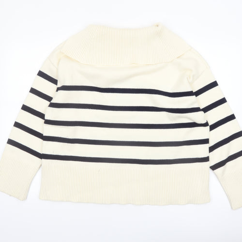Zara Womens Ivory Striped Collared Knit Jumper Size 14