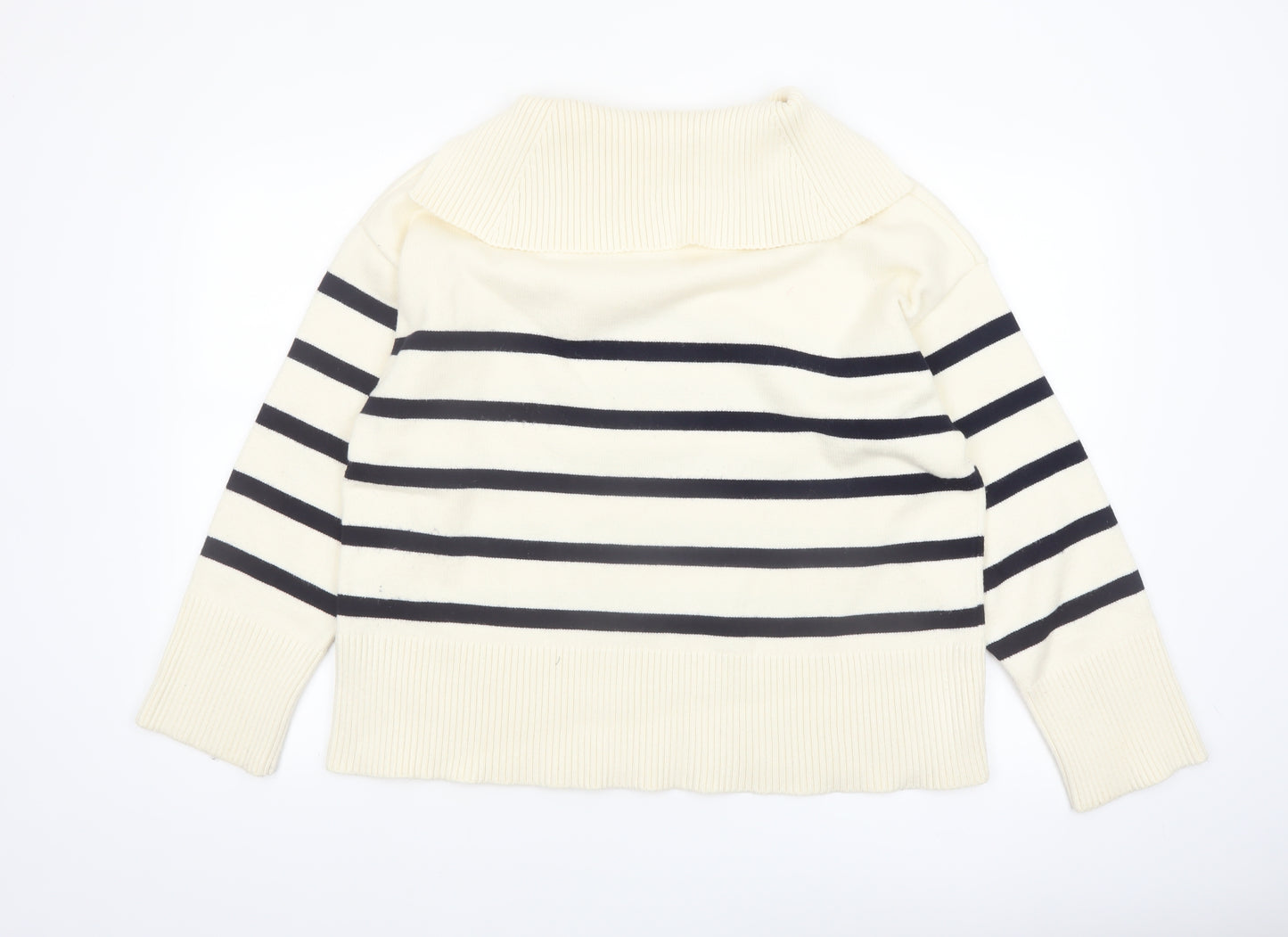 Zara Womens Ivory Striped Collared Knit Jumper Size 14