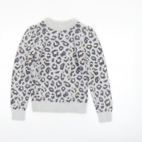 Angel & Rocket Girls Grey Leopard Print Fluffy Pullover Jumper 9-10 Years