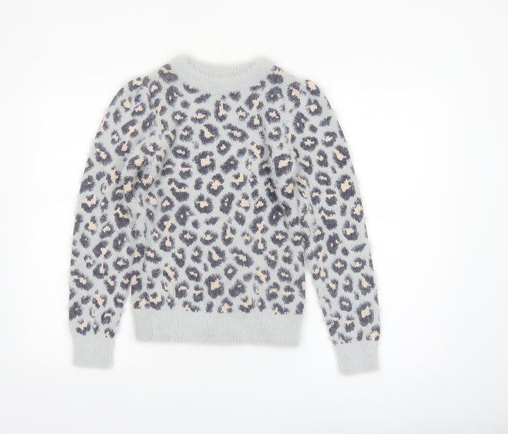 Angel & Rocket Girls Grey Leopard Print Fluffy Pullover Jumper 9-10 Years