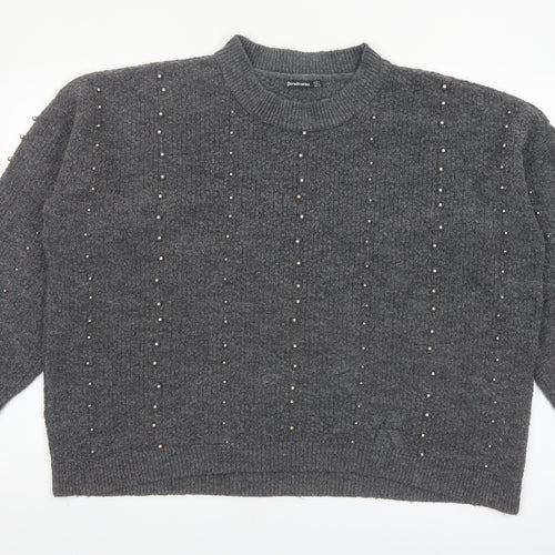 Stradivarius Women Grey Beaded Mock Neck Knit Jumper Size 14