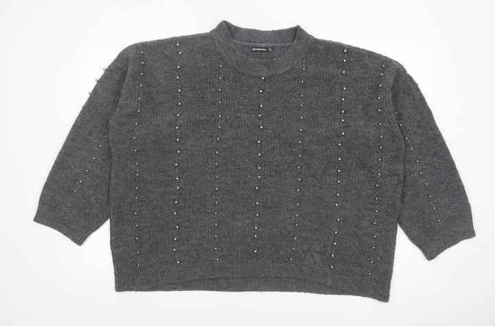 Stradivarius Women Grey Beaded Mock Neck Knit Jumper Size 14