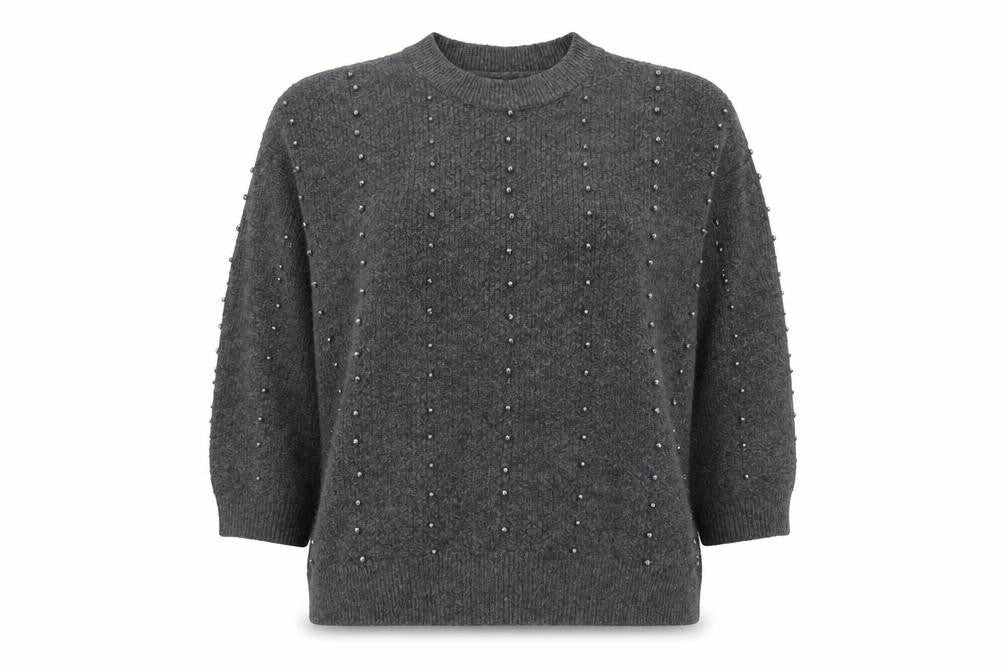 Front view of Stradivarius Women Grey Beaded Mock Neck Knit Jumper, size 14