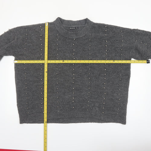 Stradivarius Women Grey Beaded Mock Neck Knit Jumper Size 14