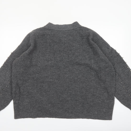 Stradivarius Women Grey Beaded Mock Neck Knit Jumper Size 14