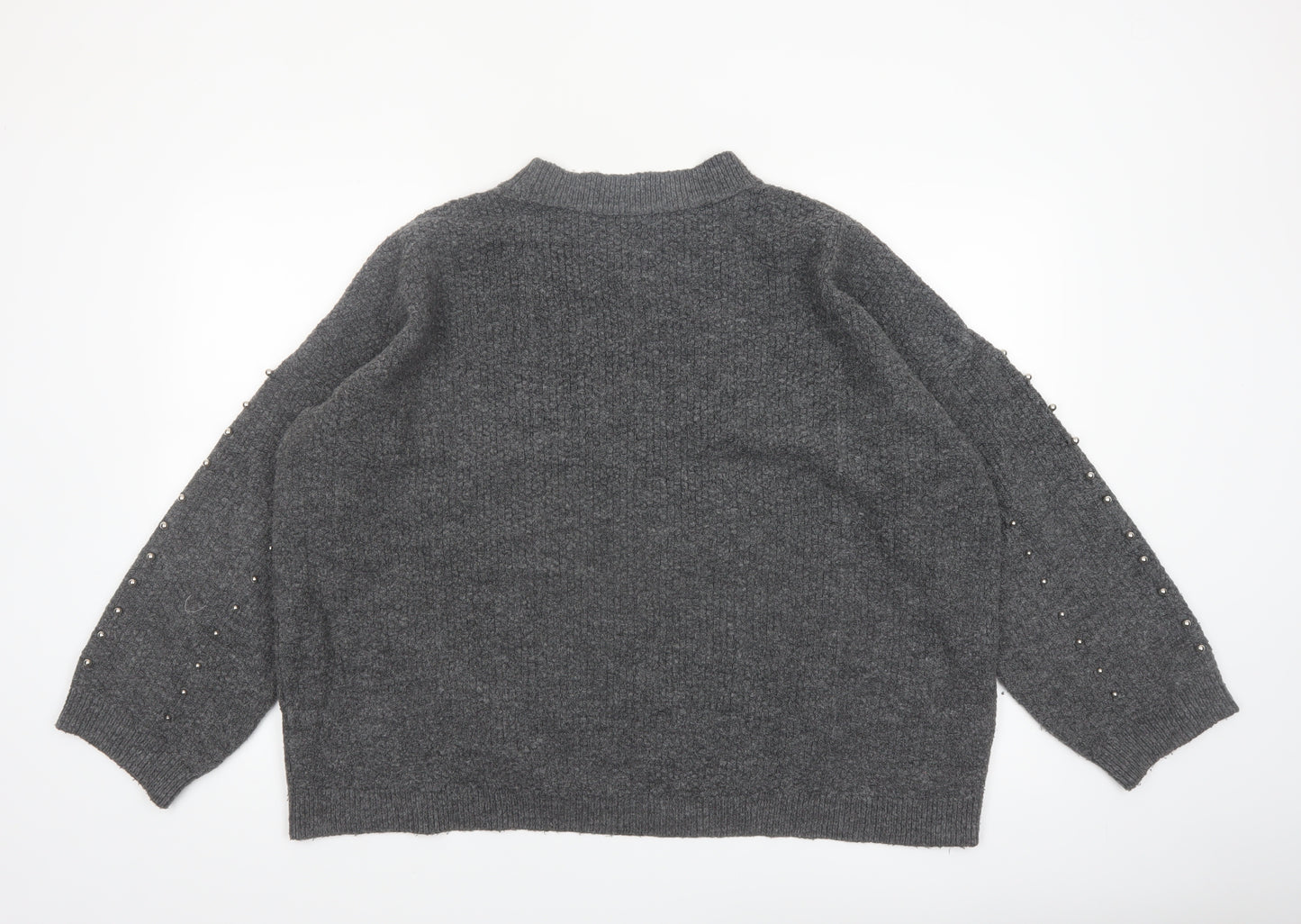 Stradivarius Women Grey Beaded Mock Neck Knit Jumper Size 14