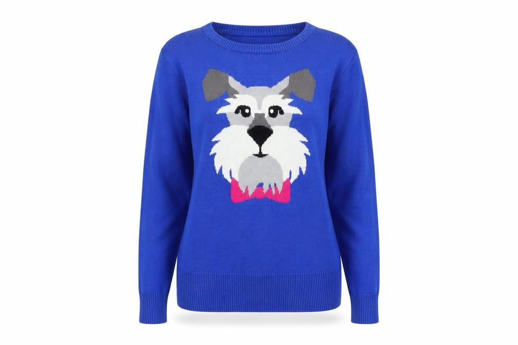 Front view of Louche Women’s Blue Dog Knit Jumper, size UK 10, Cotton Pullover