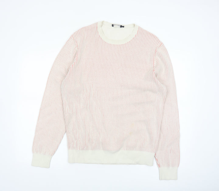Hackett London Men's Beige Striped Cotton Crew Neck Jumper Size L