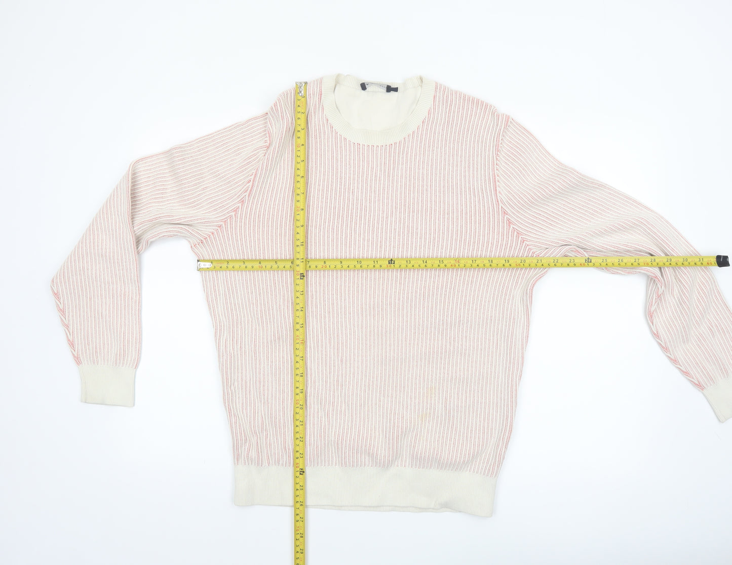 Hackett London Men's Beige Striped Cotton Crew Neck Jumper Size L