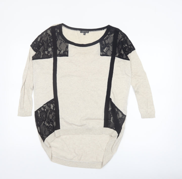 Warehouse Women's Beige Lace Panel Relaxed Fit Jumper Size 8