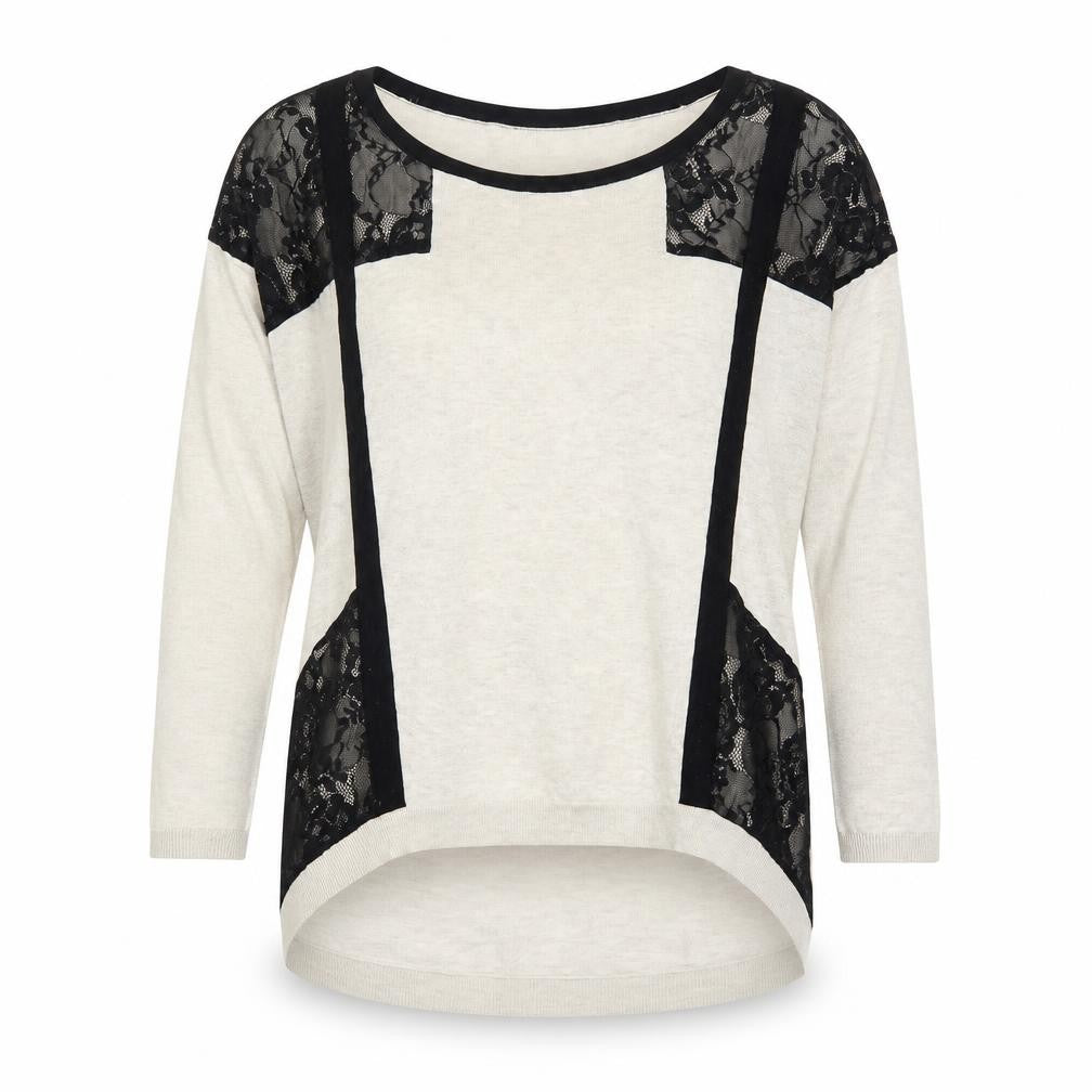 Front view of Warehouse Women's Beige Lace Panel Relaxed Fit Jumper, size 8