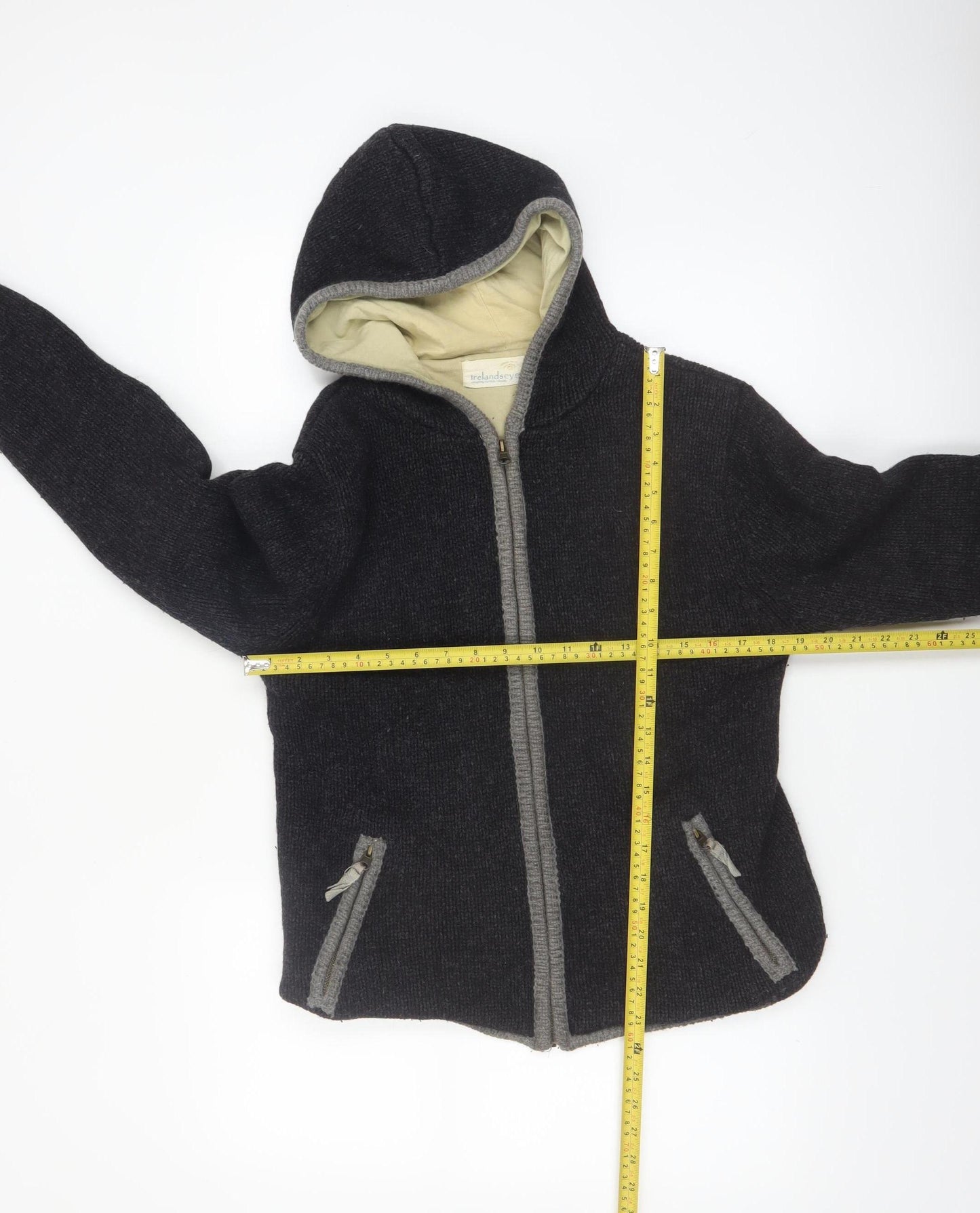 IrelandsEye Womens Black Wool Hooded Full Zip Jumper M