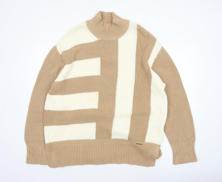 U.S. Polo Assn. Women's Beige 2XL Chunky Knit Roll Neck Cotton Jumper