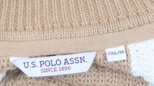 U.S. Polo Assn. Women's Beige 2XL Chunky Knit Roll Neck Cotton Jumper