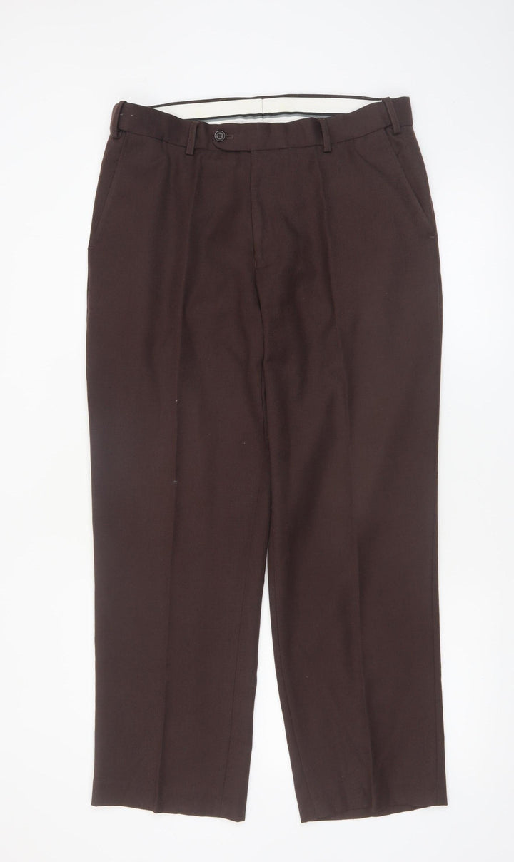 Skopes Men's Brown 34S Classic Fit Wool Blend Dress Trousers