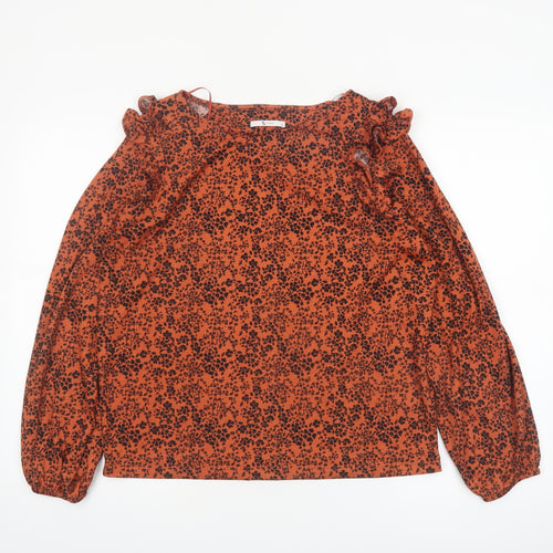 Tu Womens Orange Floral Long Sleeve Ruffle Tunic Blouse Size 12
