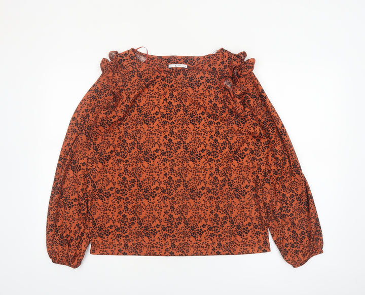 Tu Womens Orange Floral Long Sleeve Ruffle Tunic Blouse Size 12