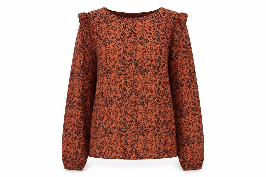 Front view of Tu women’s orange floral long sleeve ruffle tunic blouse, size UK 12