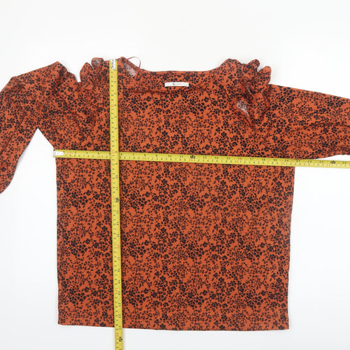 Tu Womens Orange Floral Long Sleeve Ruffle Tunic Blouse Size 12