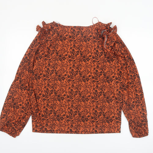 Tu Womens Orange Floral Long Sleeve Ruffle Tunic Blouse Size 12