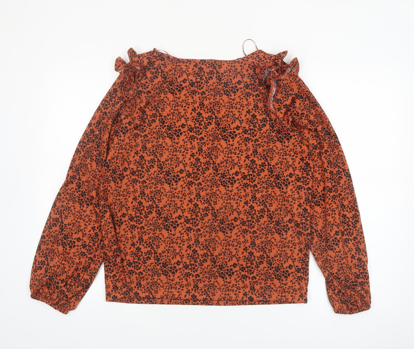 Tu Womens Orange Floral Long Sleeve Ruffle Tunic Blouse Size 12