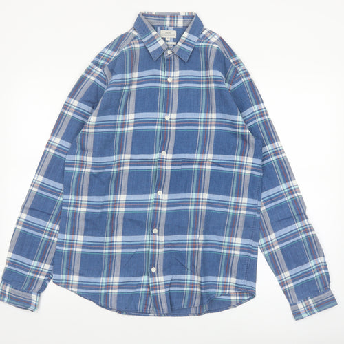 Next Men's Blue Checked Cotton Long Sleeve Button-Up Shirt Medium