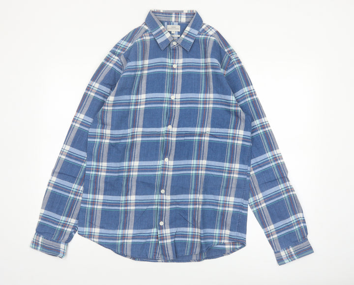 Next Men's Blue Checked Cotton Long Sleeve Button-Up Shirt Medium