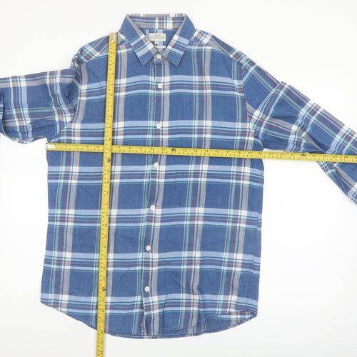Next Men's Blue Checked Cotton Long Sleeve Button-Up Shirt Medium