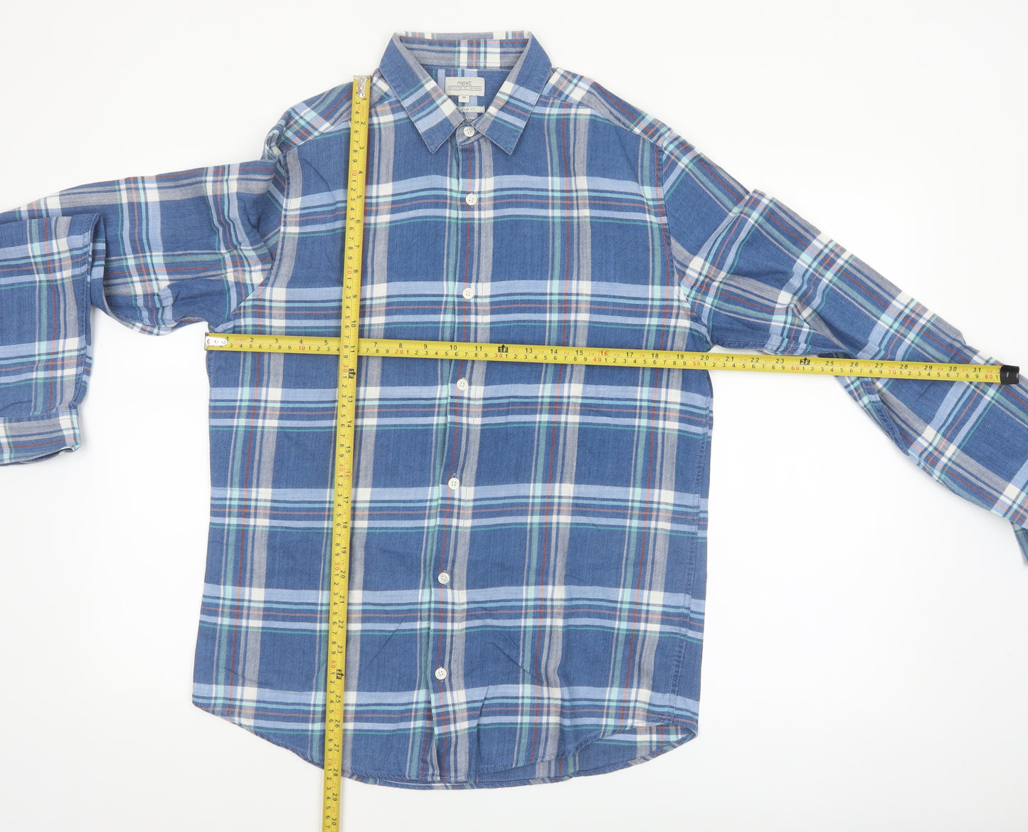 Next Men's Blue Checked Cotton Long Sleeve Button-Up Shirt Medium