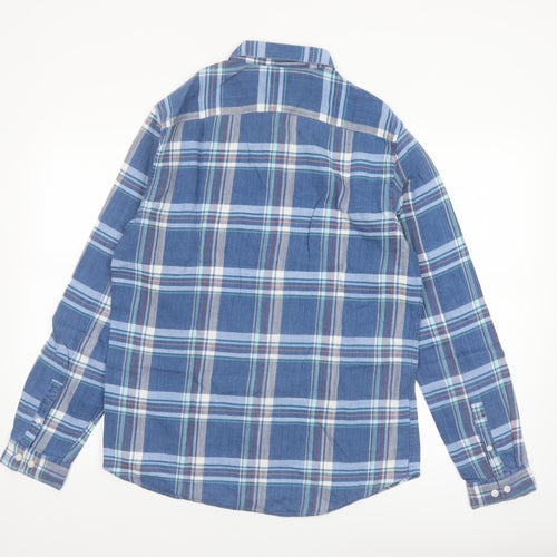 Next Men's Blue Checked Cotton Long Sleeve Button-Up Shirt Medium