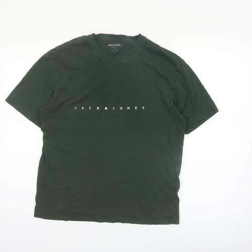 Jack & Jones Men's Green Small Crew Neck Cotton Graphic T-Shirt
