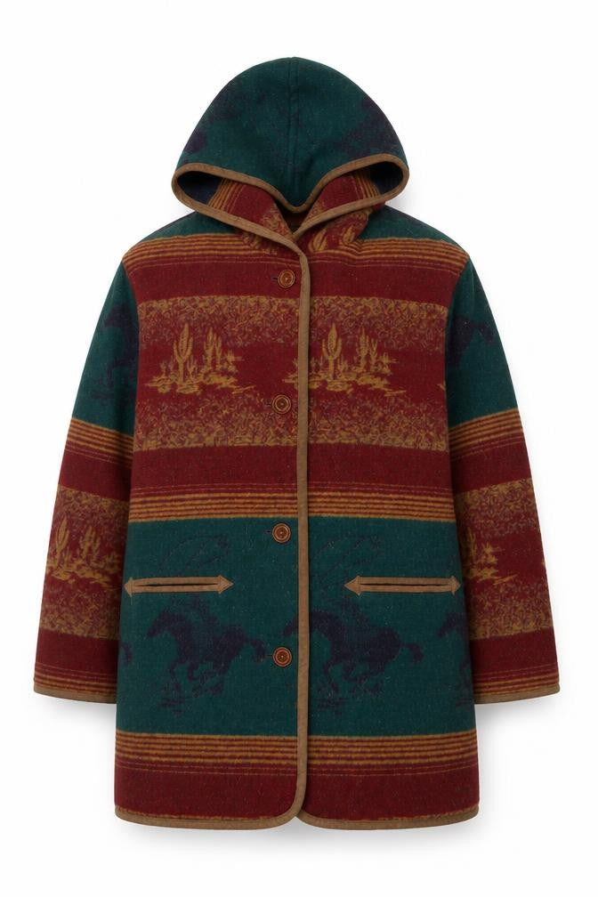 Front view of Sequence women’s multicoloured wool blend hooded western coat m