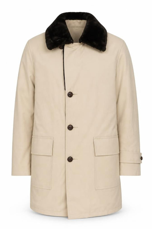 Front view of JCPenney Men's Beige Cotton Mid-Length Overcoat 40R Classic Style