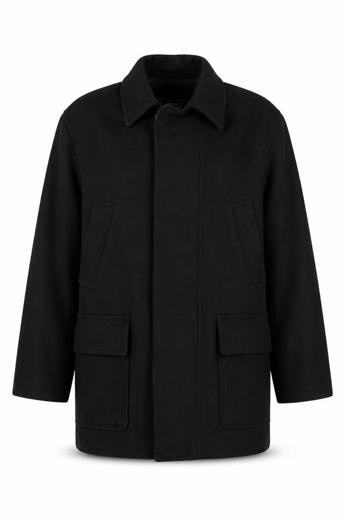 Front view of Express Men’s Black Wool Blend Mid-Length Overcoat L