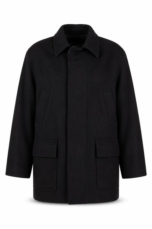 Front view of Express Men’s Black Wool Blend Mid-Length Overcoat L