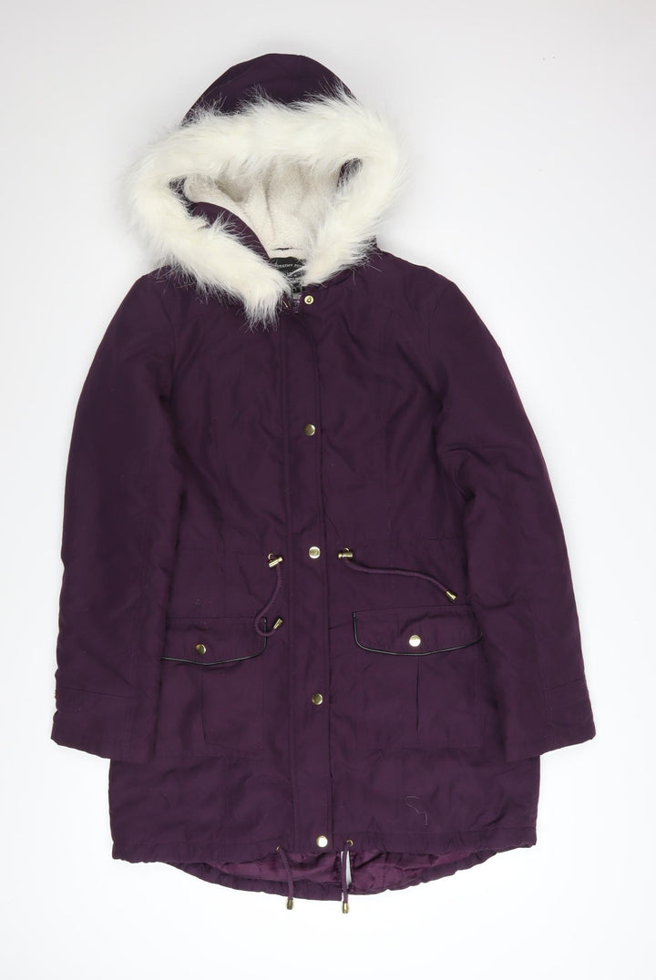 Dorothy Perkins Womens Purple Hooded Faux Fur Trim Parka Coat Size 12