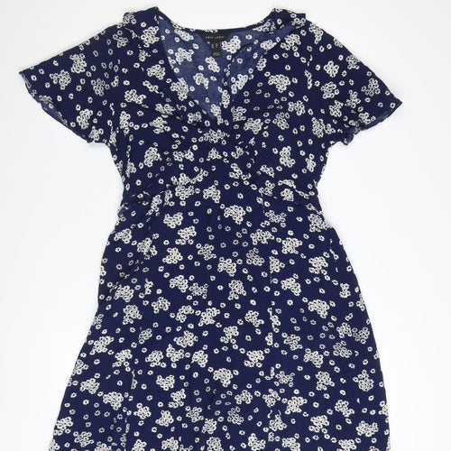 New Look Women's Blue Floral A-Line Short Sleeve V-Neck Dress Size 10