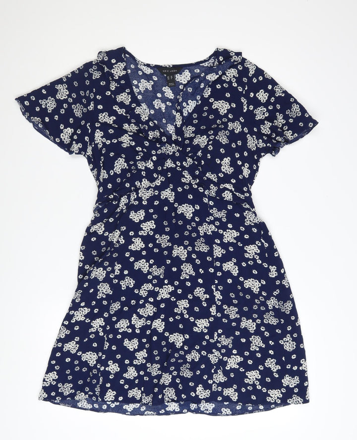 New Look Women's Blue Floral A-Line Short Sleeve V-Neck Dress Size 10