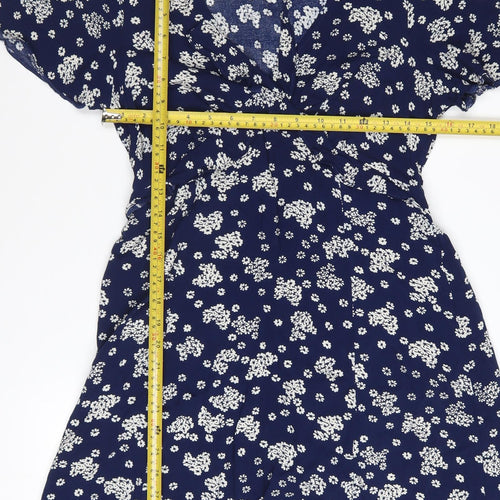 New Look Women's Blue Floral A-Line Short Sleeve V-Neck Dress Size 10
