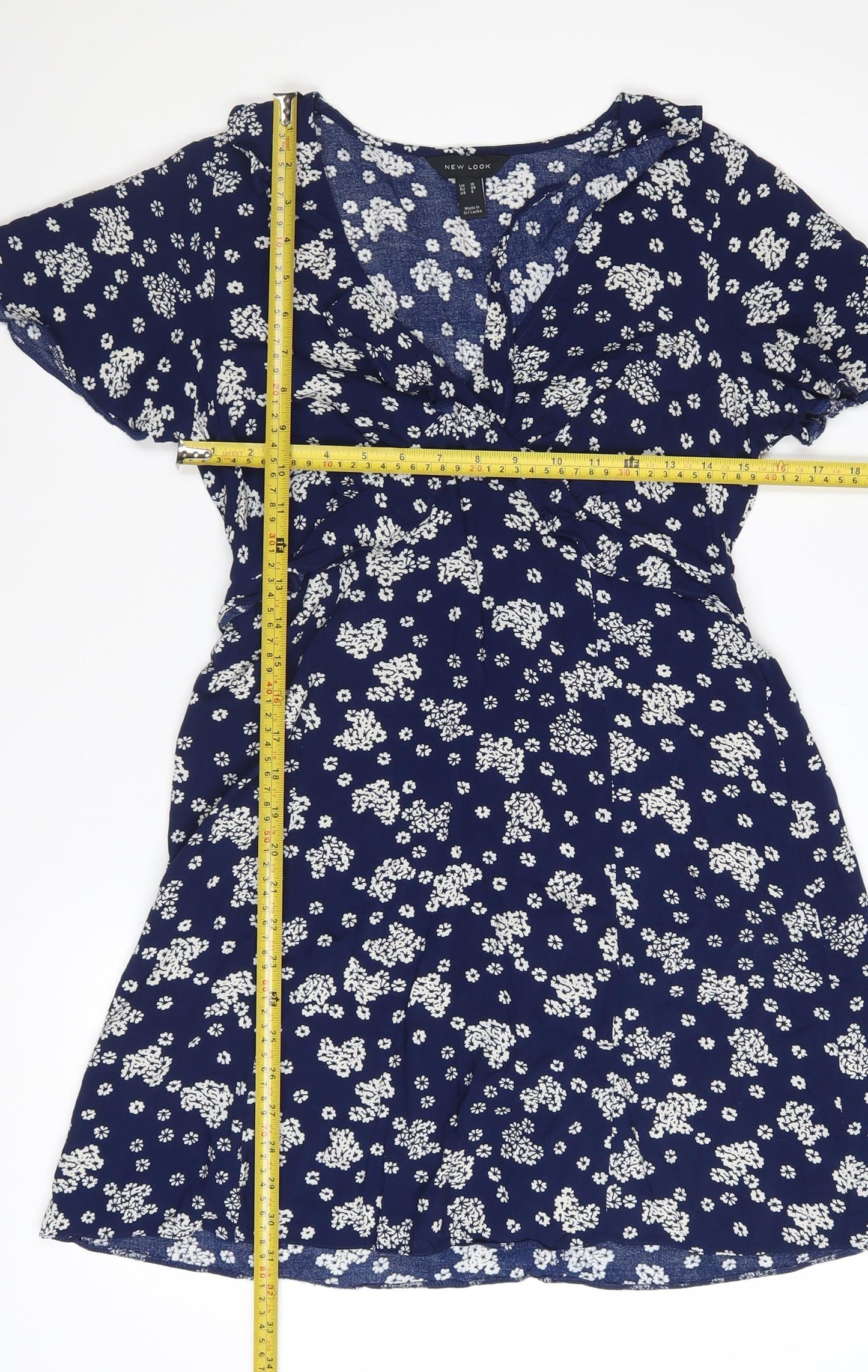 New Look Women's Blue Floral A-Line Short Sleeve V-Neck Dress Size 10