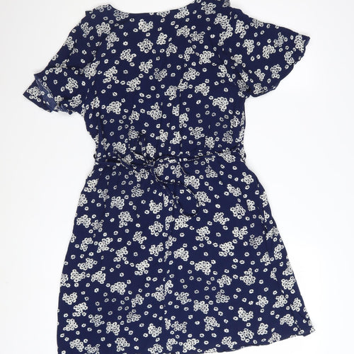 New Look Women's Blue Floral A-Line Short Sleeve V-Neck Dress Size 10
